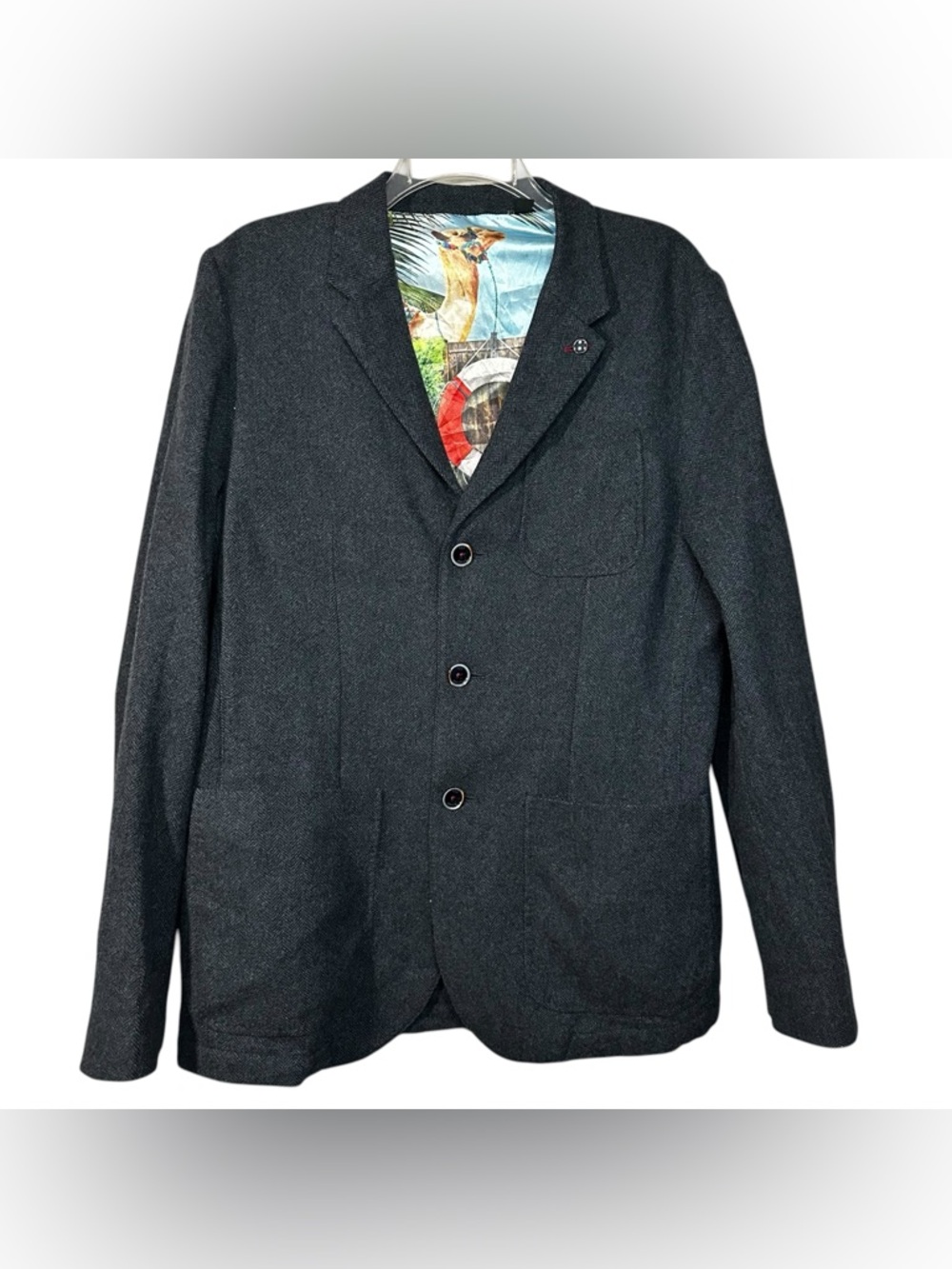 Ted Baker London Gray Herringbone Wool Blend Blazer Jacket Size 3 Unique Lining